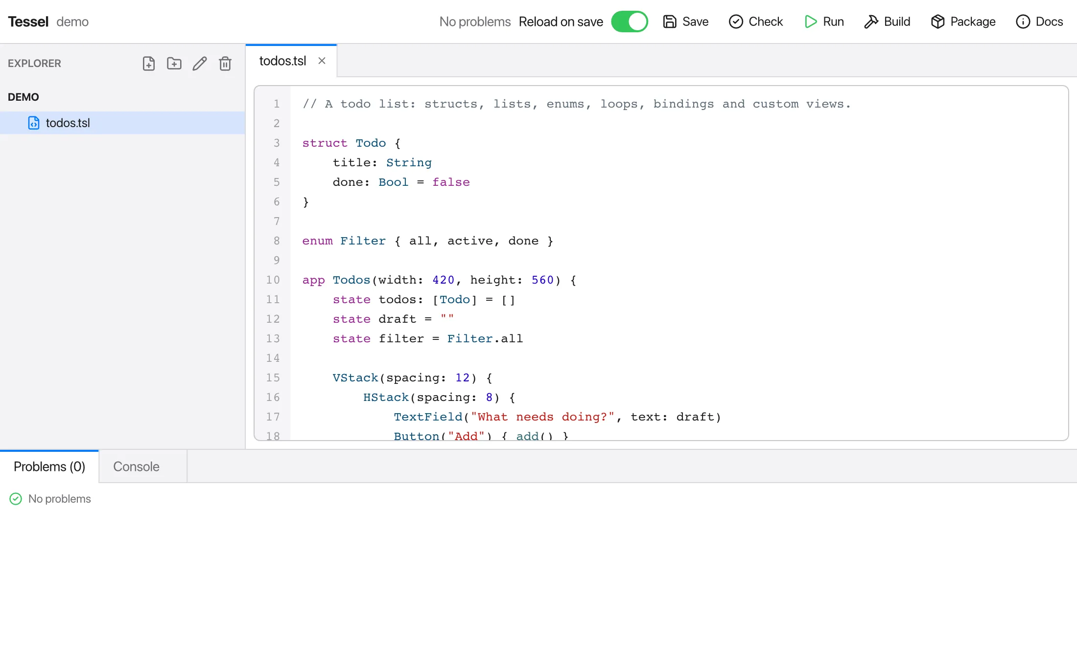 The Tessel IDE with a file explorer, a tabbed code editor and a problems panel