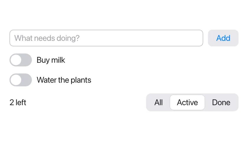 The todo app with the Active filter chosen: only the two unfinished todos are shown