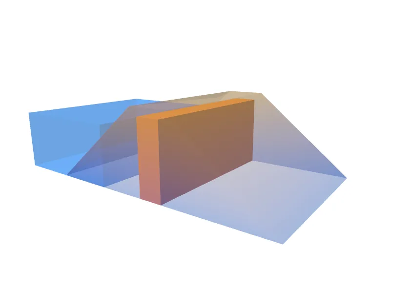 A see-through dam, blue at the bottom and sand-colored at the top, with a solid orange wall inside it and see-through blue water behind it