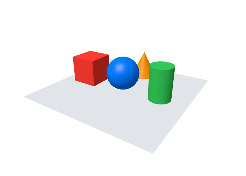 A red box, a blue ball, a green cylinder and an orange cone standing on a gray sheet, seen from above and to the right