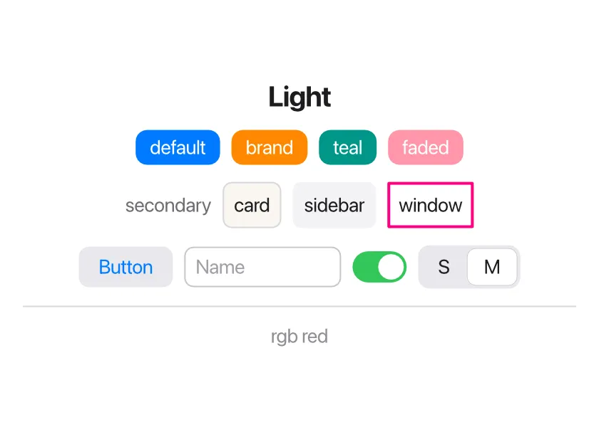 A small app in the light appearance: colored labels, text on gray and white boxes, a button, a text field, a toggle and a picker