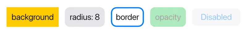 Five examples in a row: yellow background, rounded gray background, blue rounded border, faded green box, and a faded disabled button