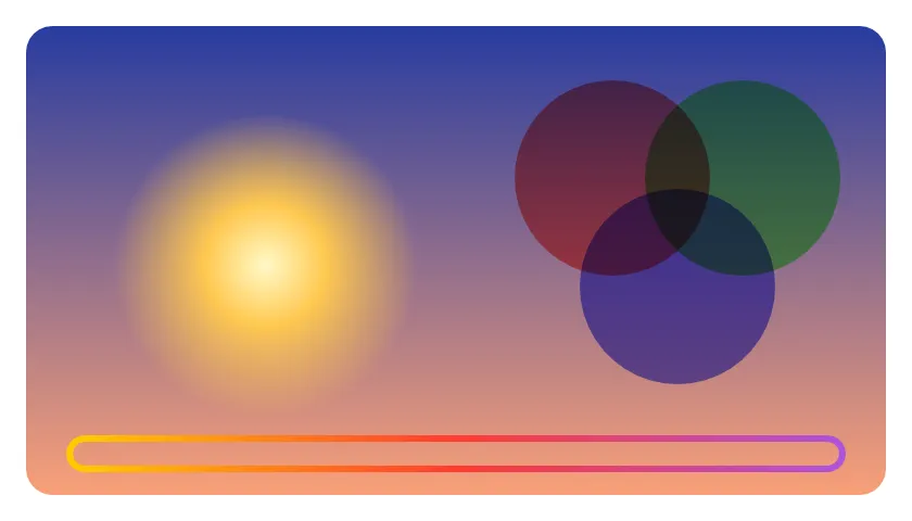 A sky fading from deep blue to peach, a glowing sun on the left, three overlapping colored circles multiplied onto it and onto each other on the right, and a thin bar outlined in yellow, red and purple