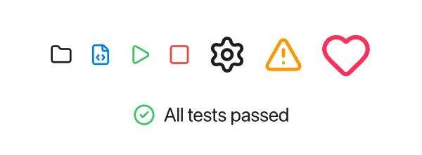 A row of icons in different colors and sizes: folder, code file, play, stop, settings, warning and heart, and below it a green check icon next to the text "All tests passed"