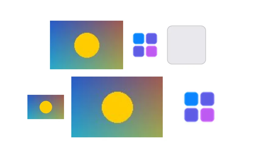 Three pictures at their own size (a photo, a small logo and a gray placeholder box), and below them the same photo and logo scaled by frames