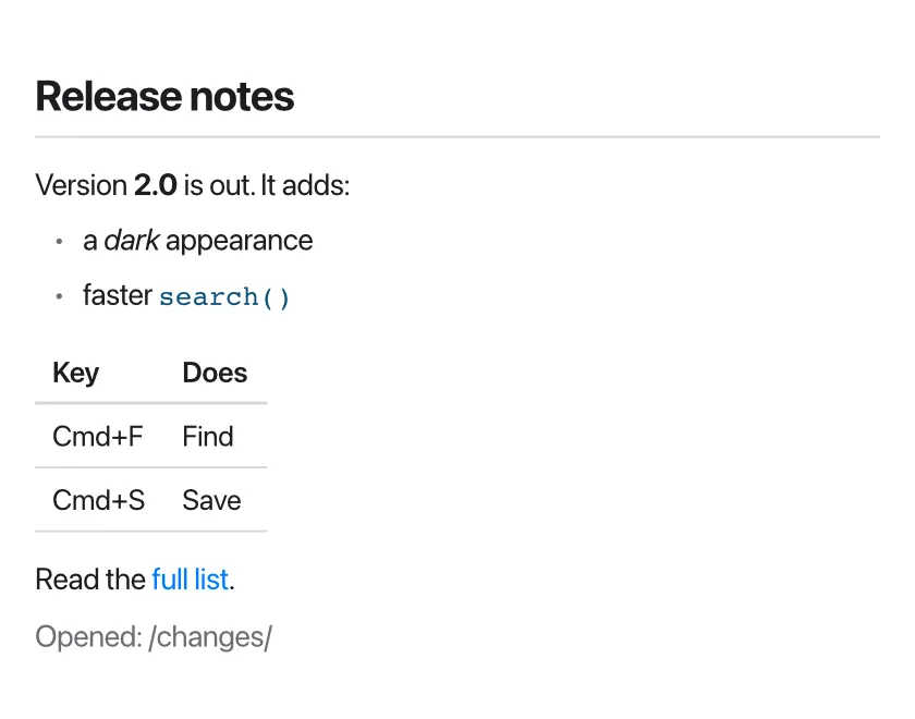 A heading "Release notes" with a line under it, a sentence with a bold word, a list of two items, a small table of keys, and a sentence with a blue link