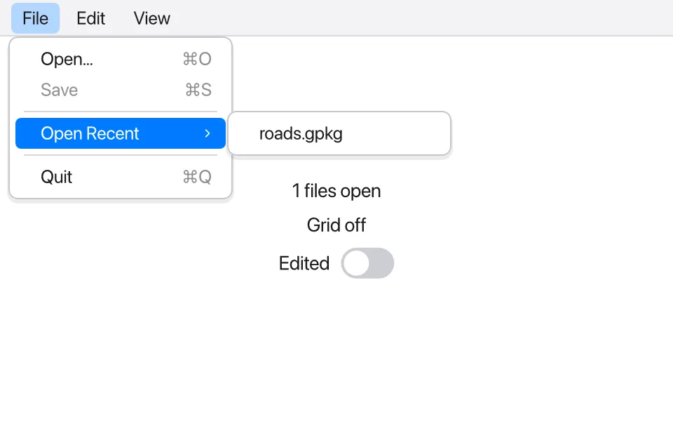 A window with File, Edit and View along its top; the File menu is open with Open… (⌘O), a grayed-out Save (⌘S), Open Recent with its submenu roads.gpkg, and Quit (⌘Q)