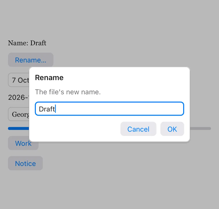 A dimmed window with a card in its middle: Rename, The file's new name., a text field with Draft in it, and Cancel and OK buttons