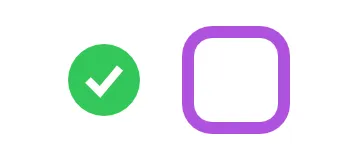 A green circle with a white check mark, and a larger purple rounded square outline
